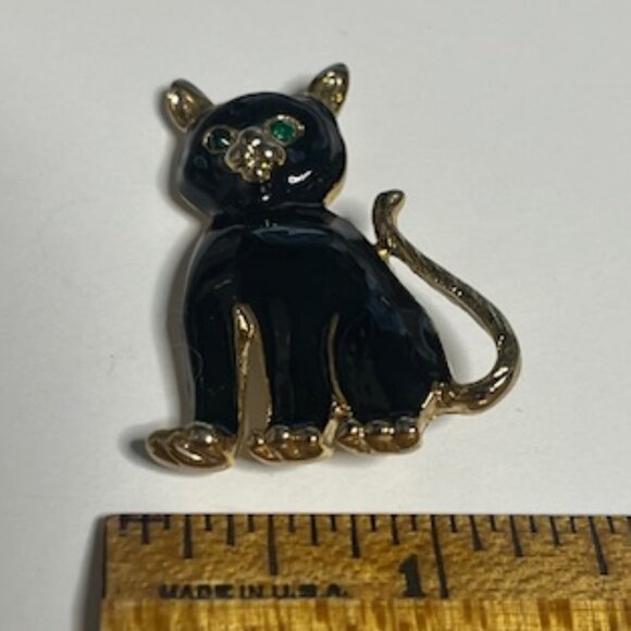 VTG Black Enamel Gold Toned Cat Kitten Brooch Pin Green Eyes 1.5" - Picture 9 of 9